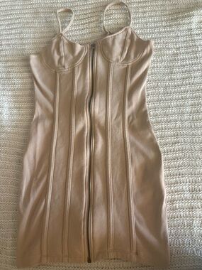Forever 21 Nude Beige Zip-Front Bodycon Mini Dress